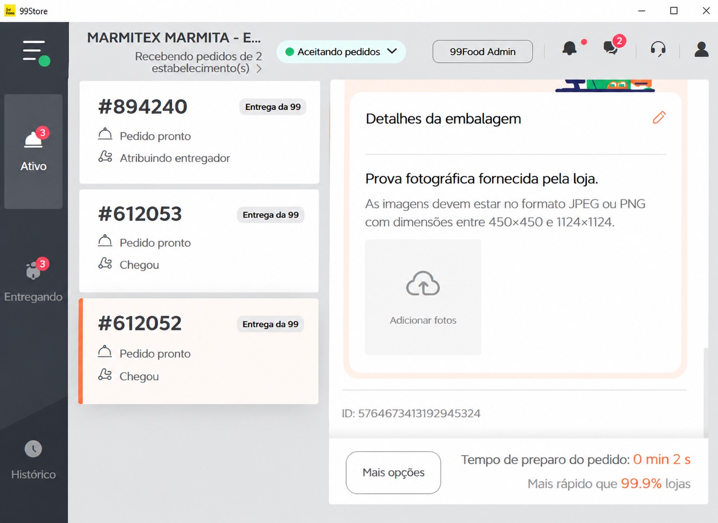 Painel da 99Food mostrando tempo de preparo 0s e 99.9% mais rápido